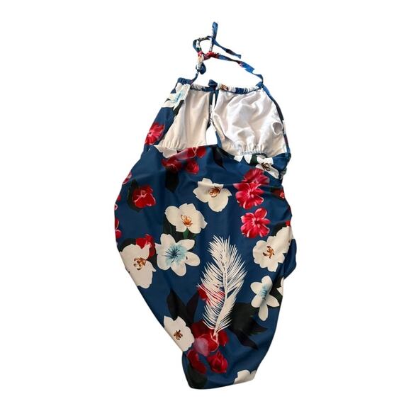 Halter Blue Floral One Piece Swimsuit Tummy Control Size XL - Picture 3 of 4